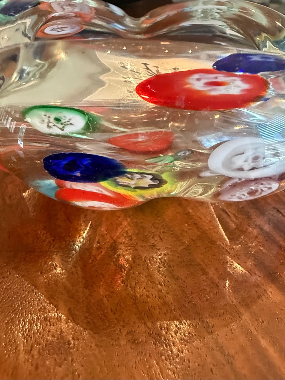 Vintage ashtray, Clear Glass  with Red, Blue, Green and Orange Accents